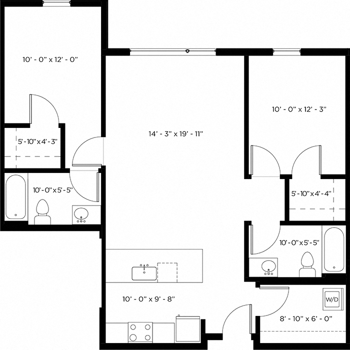 Floor plan for 2 beds, 2 baths, 1030 sqft